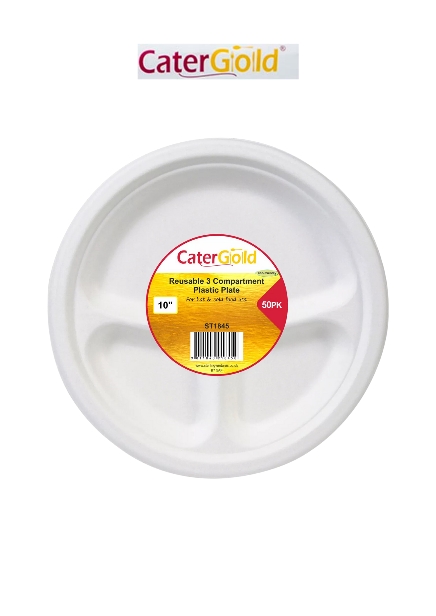 Cater Gold Reusable 3-Compartment Plastic Plate – 50 Pack
