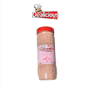 Jar of pink Himalayan salt with Dealicious branding on a white background