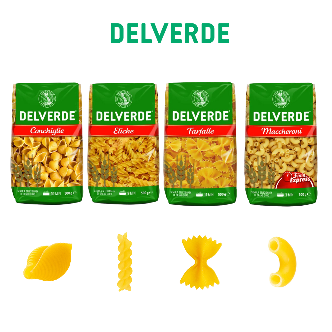 Delverde Premium Italian Pasta : Elche, Maccheroni, Farfalle, Conchiglie