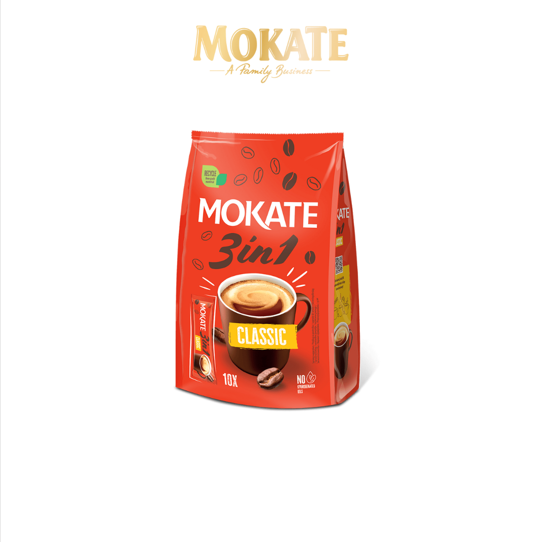Mokate 3in1 coffee package on a white background