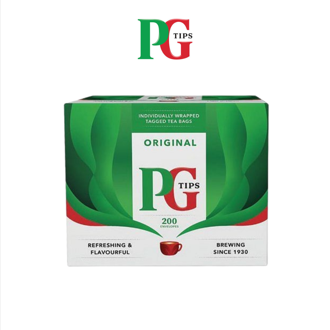 Box of PG Tips tea bags with green and red design on a white background