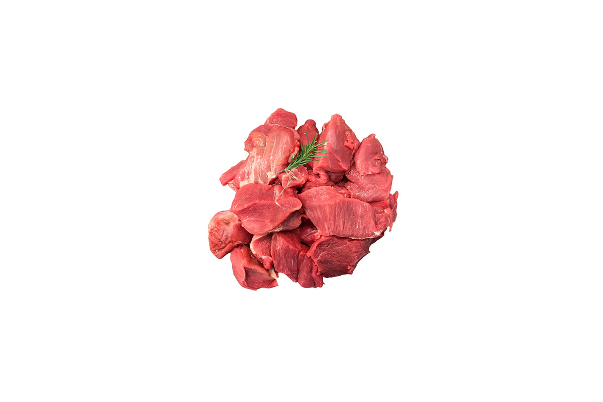 A pile of fresh, raw lamb meat on a white background.