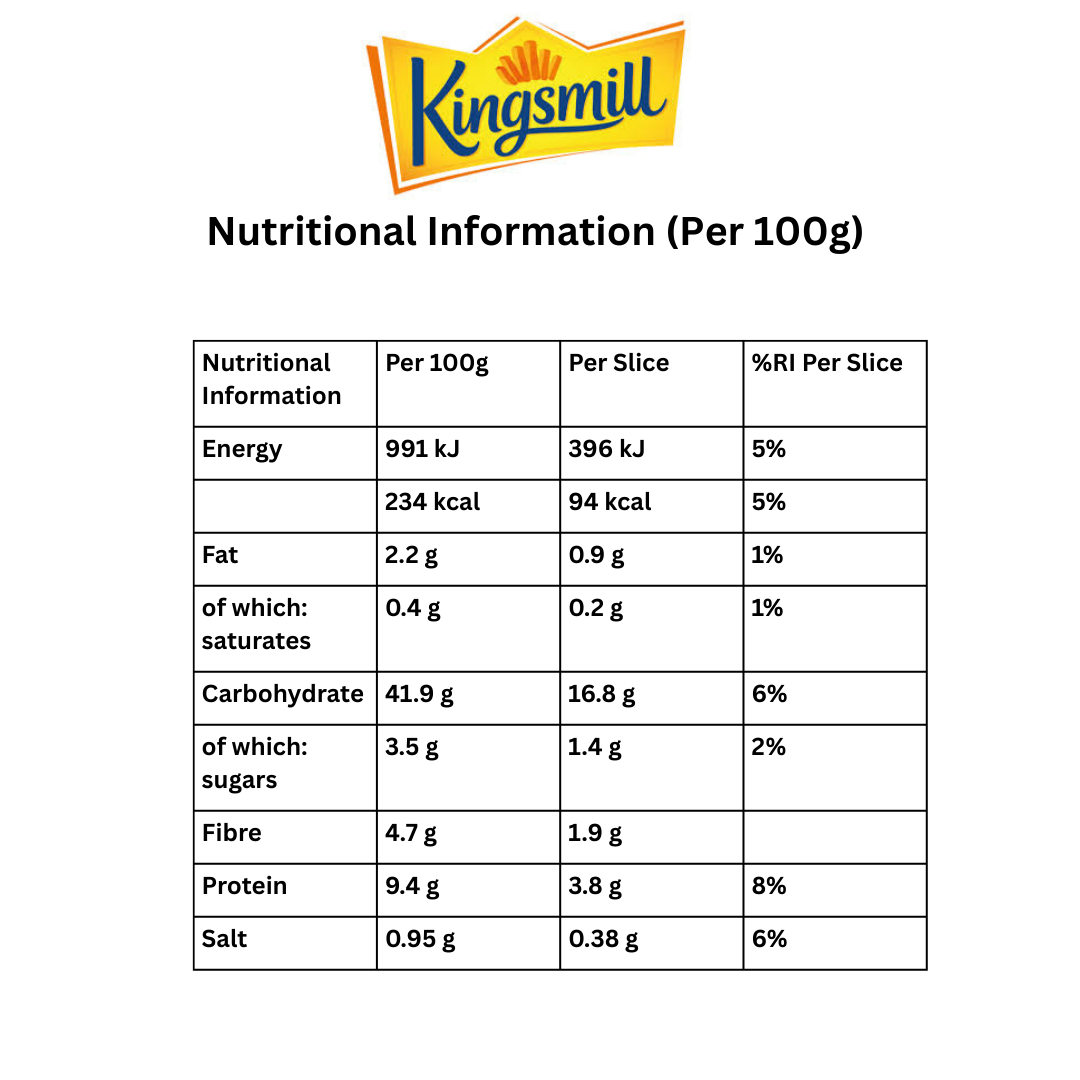 Nutritional information table for Kingsmill bread per 100g and per slice, with the Kingsmill logo at the top.
