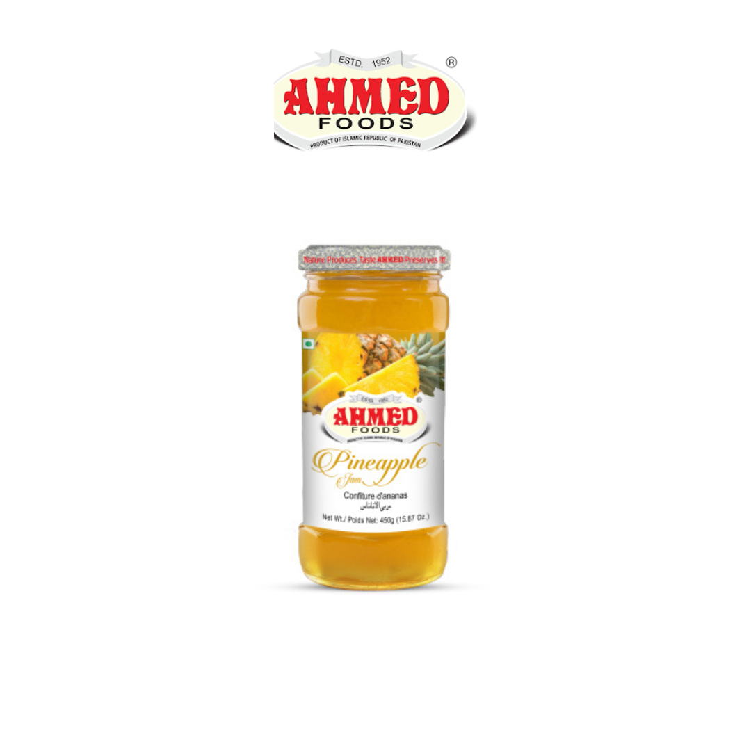 Jar of Ahmed Foods pineapple preserve on a white background