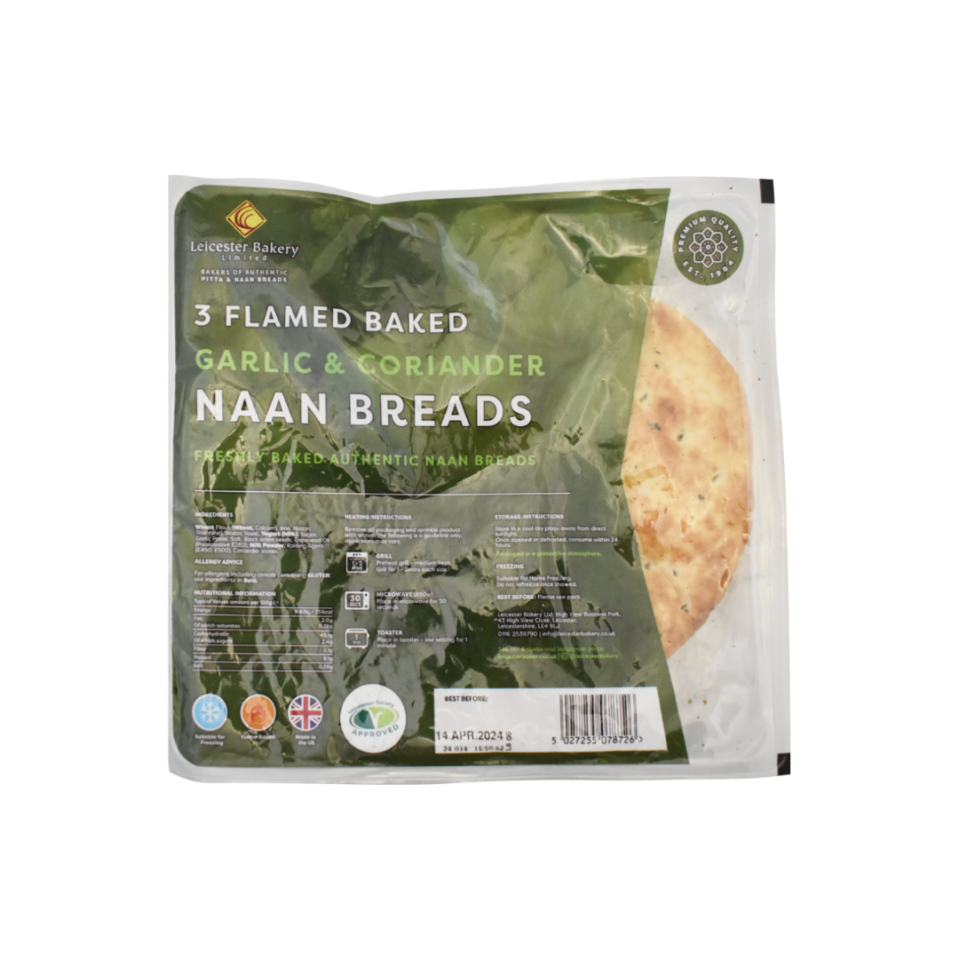 Leicester Bakery 3 Flame Baked Garlic & Coriander Naan Breads