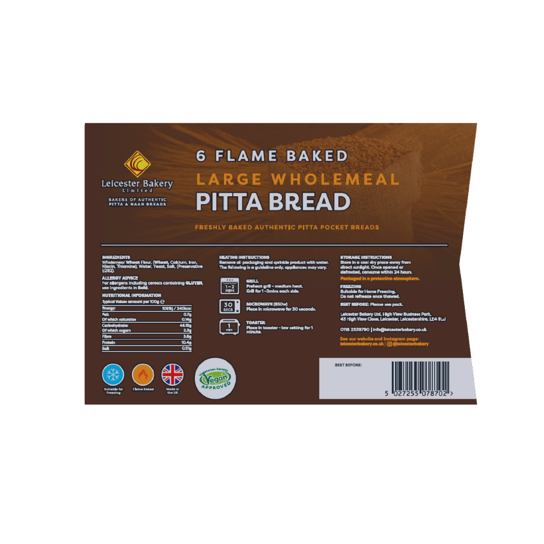 Leicester Bakery 6 Flame Baked Large Wholemeal Pitta Bread