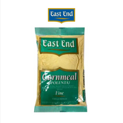 Packaged cornmeal from East End on a white background